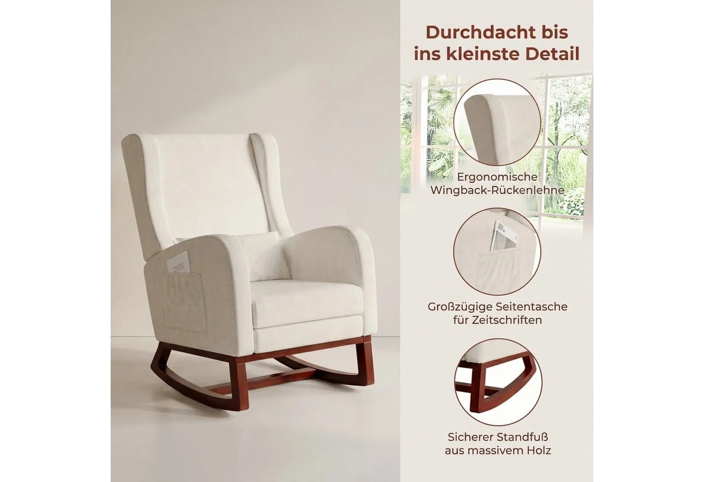 BELUPAI Schaukelstuhl Beige mit Fußstütze & Leinenbezug