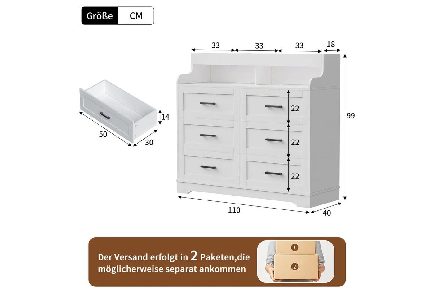 ADWOLT Sideboard LED Kommode Weiß 6 Schubladen Modern