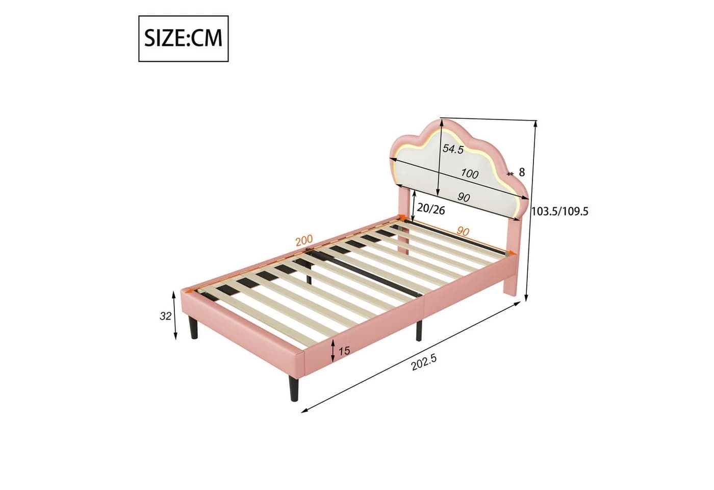 zebery Polsterbett 90x200 mit LED Licht Wolken-Kopfteil Weiß-Rosa