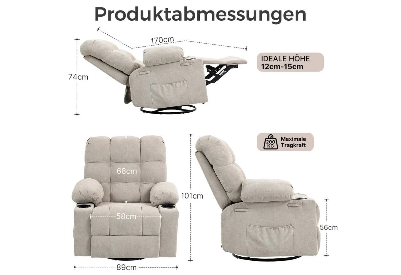 BRTHORY Relaxsessel Massagesessel 8-Punkt-Vibration Beige