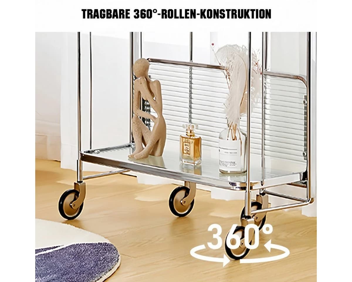 PFCTART Beistellwagen Mobile Storage Folding Trolley, Servierwagen, zusammenklappbar, 2 Ebenen gehärtetes Glas