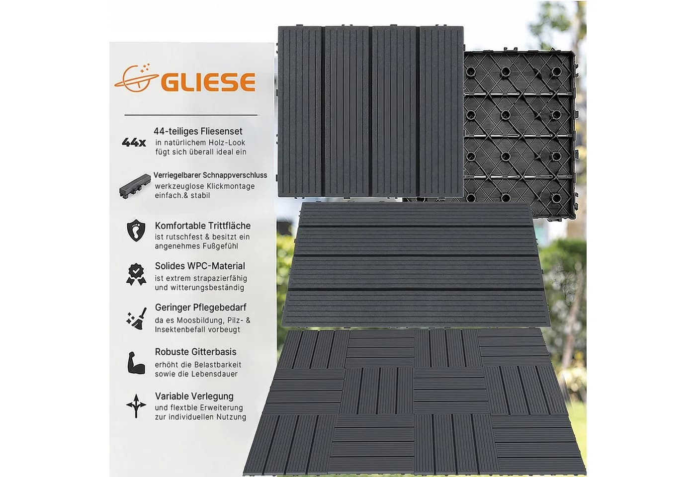 GLIESE Terrassendielen für Terrasse und Balkon mit Clipsystem 4,09 m² Dunkelgrau