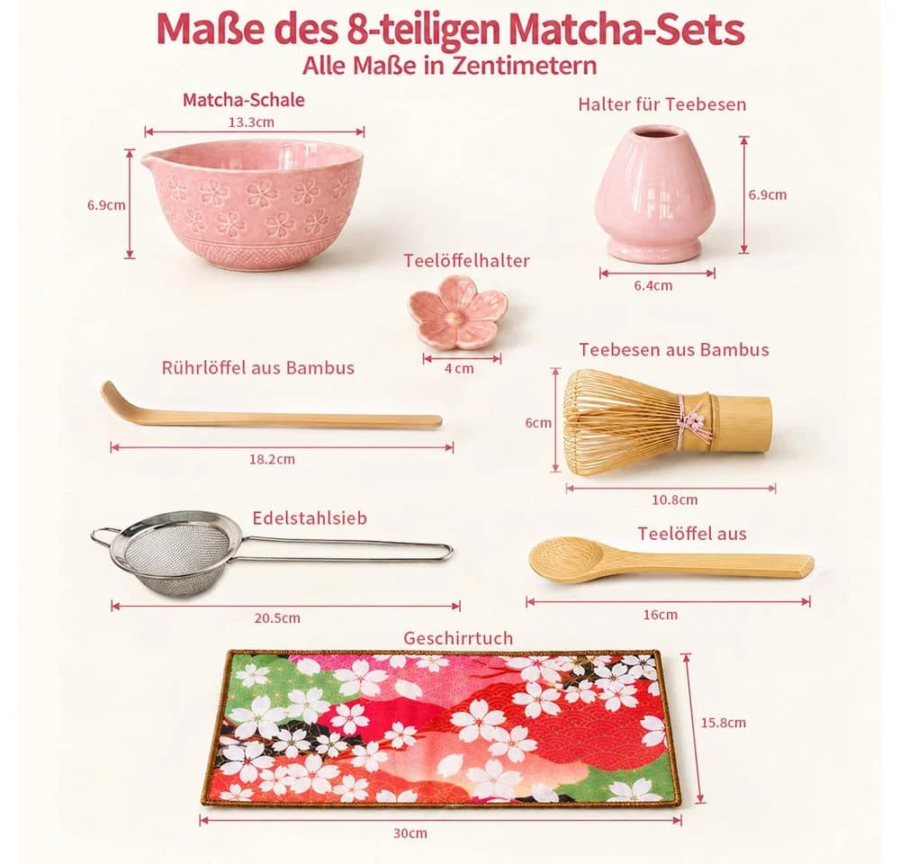 GLIESE Matcha-Set 8-teilig Keramik Bambus Besen Schale rosa