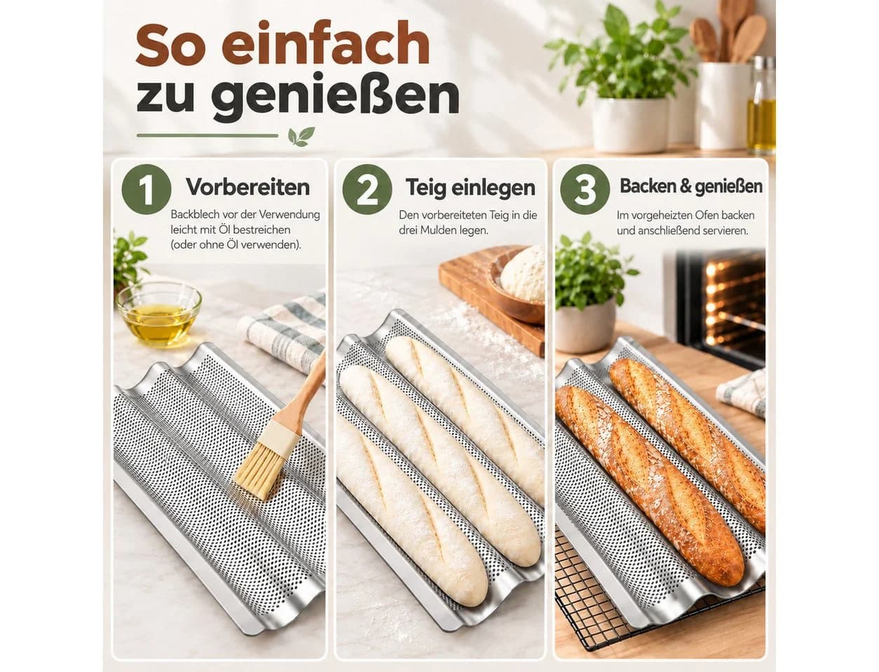 GLIESE POWER Baguetteblech Antihaft 3 Mulden Silber