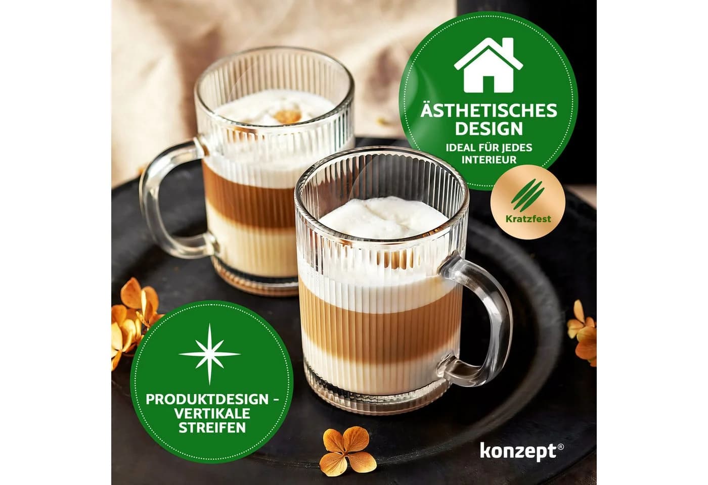KONZEPT Kaffeegläser Set 6-tlg. 350ml Geriffelt mit Henkel Transparent