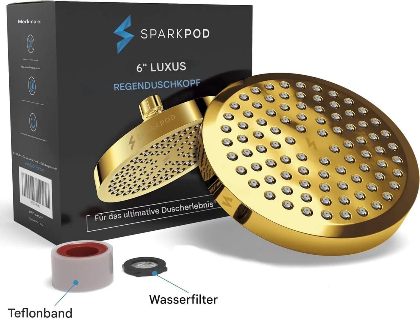 sparkpod Regenduschkopf Luxus XL Hochdruck Gold Anti-Kalk Düsen