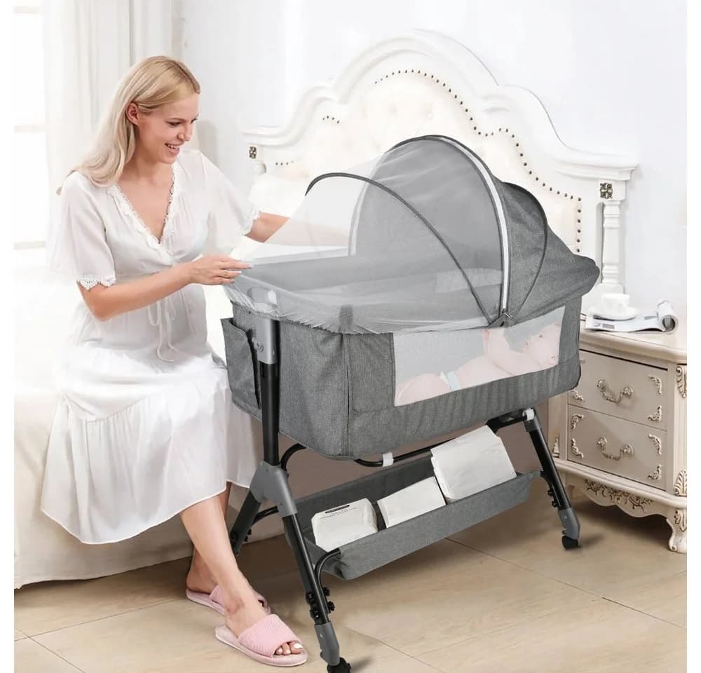 JEOBEST Beistellbett Baby Grau mit Matratze & Rädern