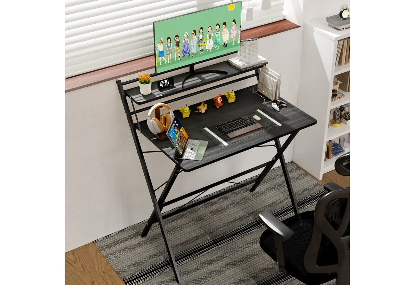 JEOBEST Computertisch Klappbar mit Regal Schwarz