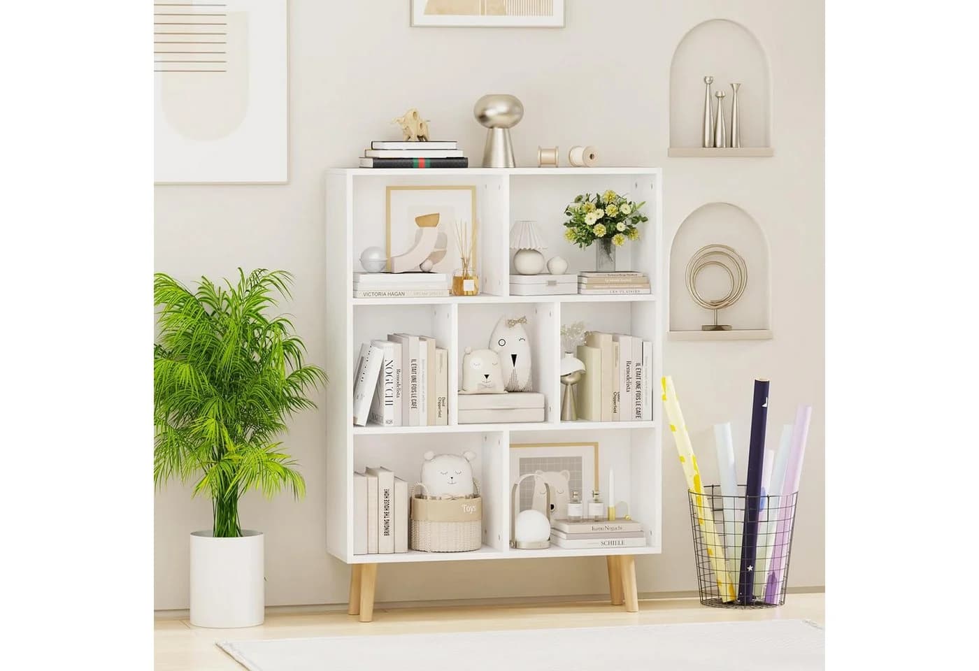JEOBEST Bücherregal 6 Fächer Weiß Massivholzbeine