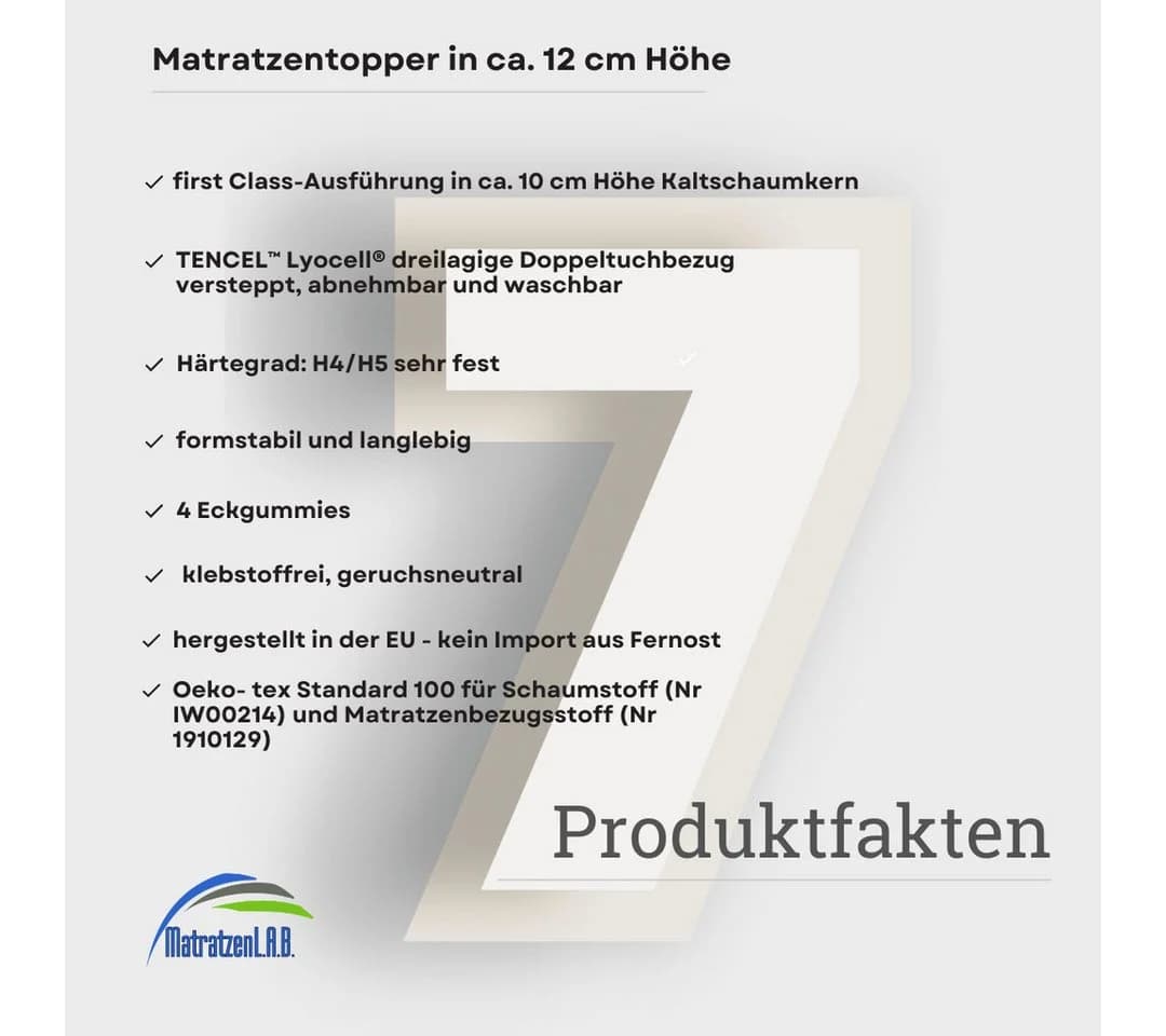 MatratzenL.A.B® Topper TENCEL™ Lyocell® H4/H5 sehr hart 12 cm Kaltschaum