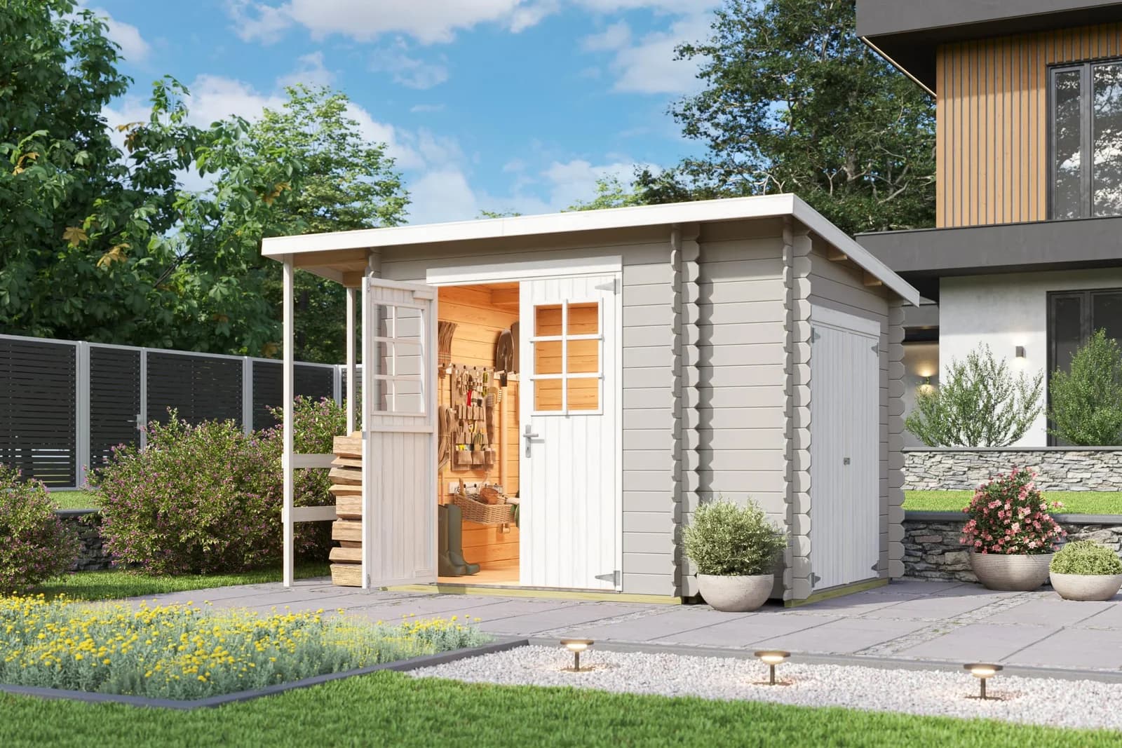 Gartenhaus Vilano 3 von Nordic Holz, 3 Bereiche, Lichtgrau