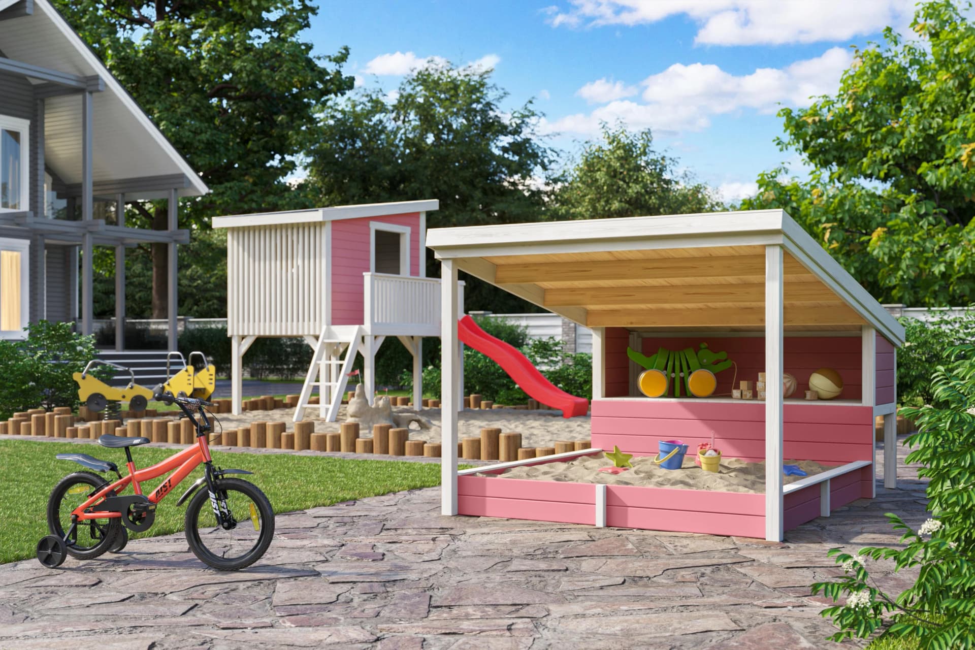 Nordic Holz Sandkasten Pippi 2 Rosa mit Überdachung