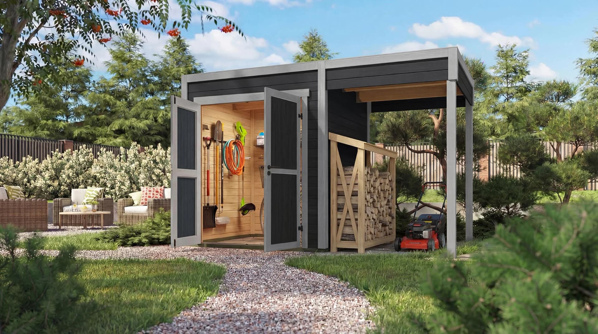 WEKA Gartenhaus Batu 1 mit Anbau dunkelgrau Massivholz