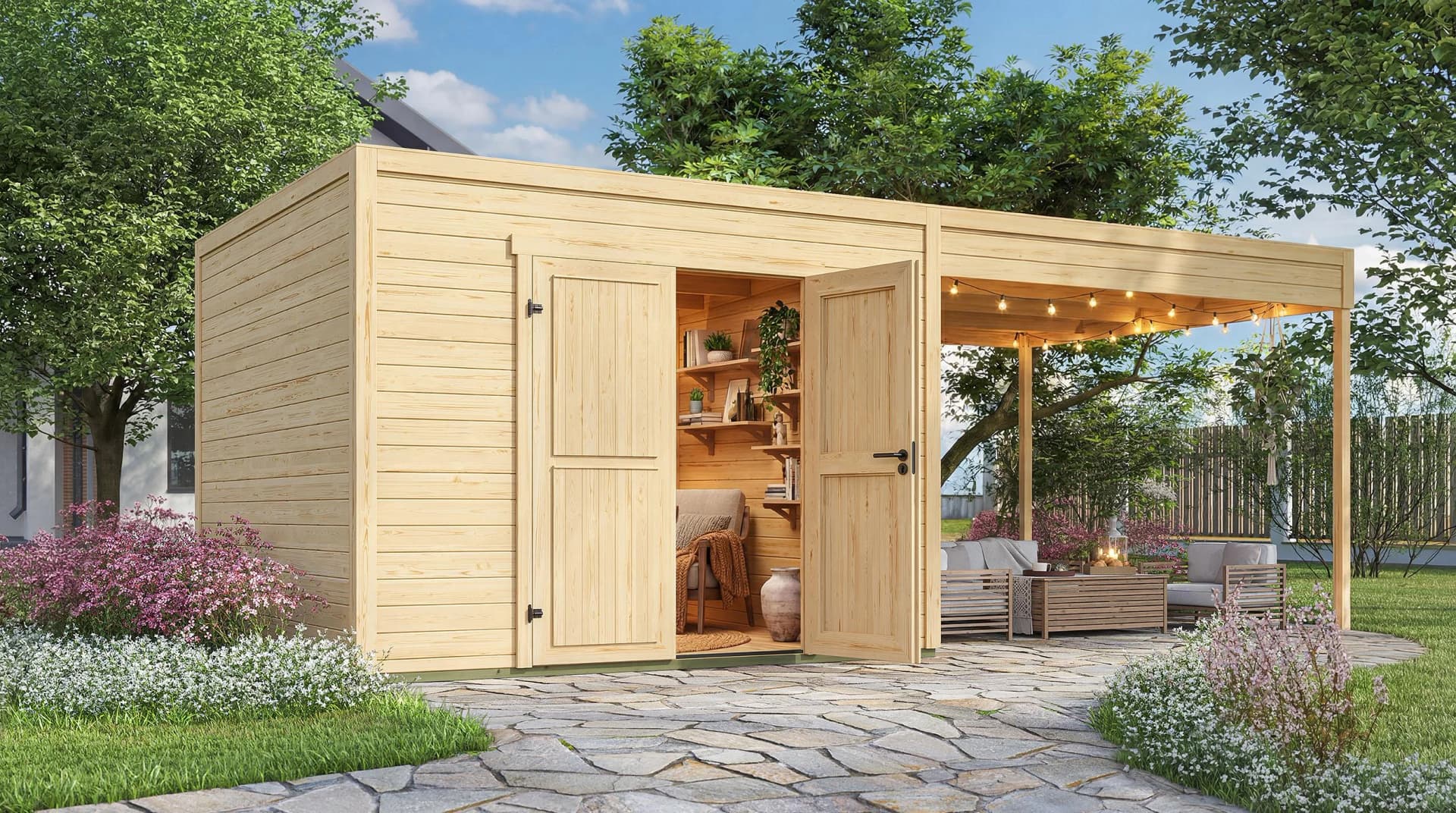 WEKA Gartenhaus Batu 3 mit Anbau Massivholz Fichte Natur