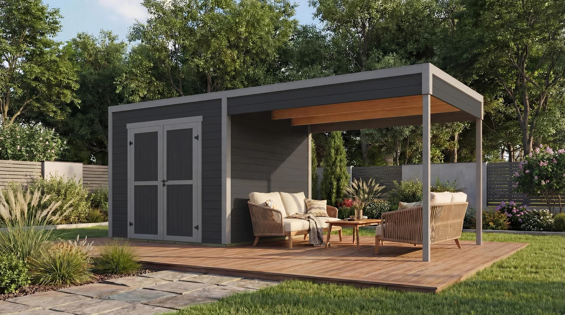 WEKA Gartenhaus Batu 2 mit Anbau Massivholz Fichte Dunkelgrau