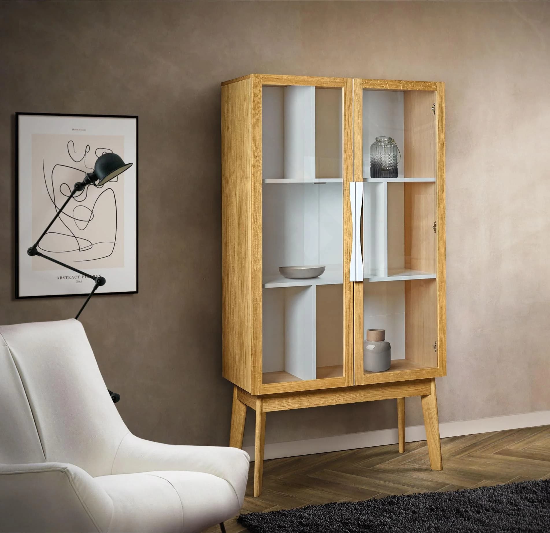WOODMAN Bücherregal Hilla Beige Weiß Glastüren Eiche