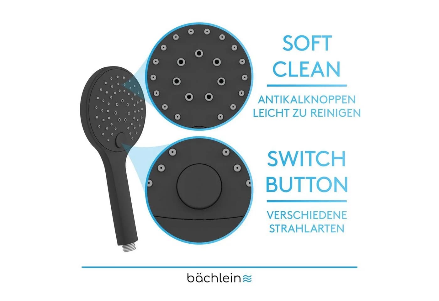 Bächlein Duschbrause Handbrause Schwarz 3 Strahlarten Drucktaste