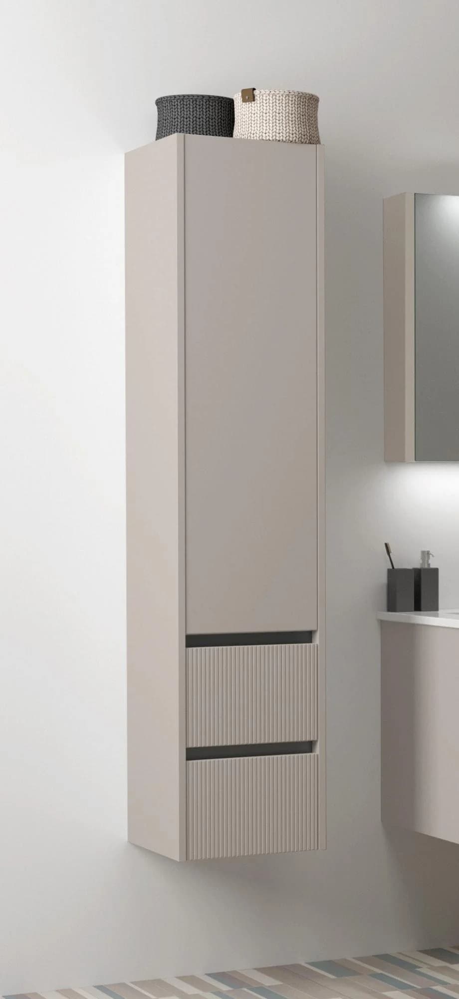 WELLTIME Hochschrank Urban Grau mit Soft-Close und Glaseinlegeböden