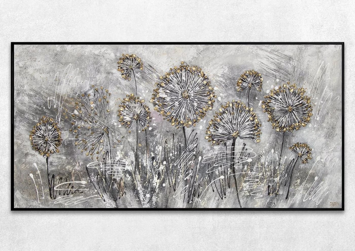 YS-Art Handgemaltes Leinwandbild Frühlingsblumen Gold Grau Schwarz