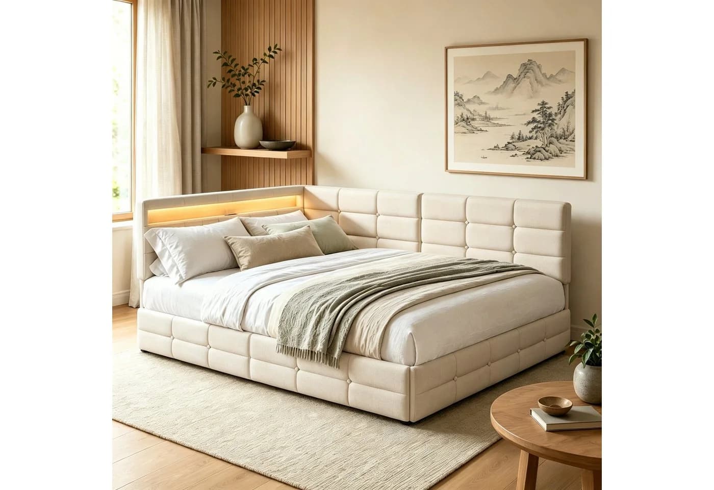 Simurq Polsterbett Daybett Beige/Grau mit LED & USB