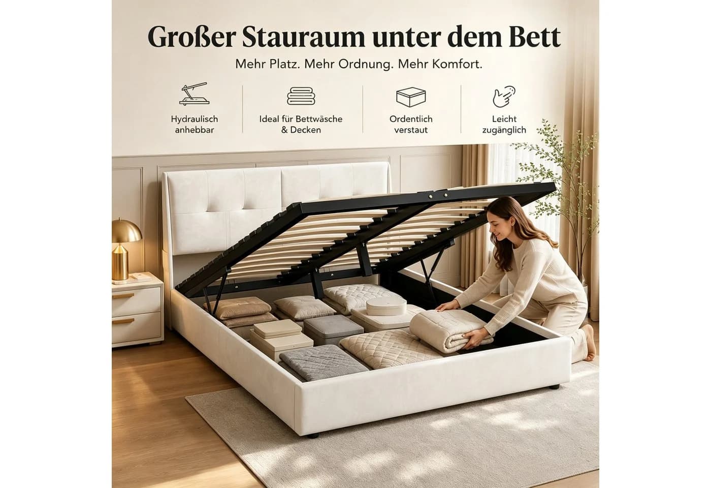 Simurq Polsterbett Stauraumbett Beige mit LED Beleuchtung