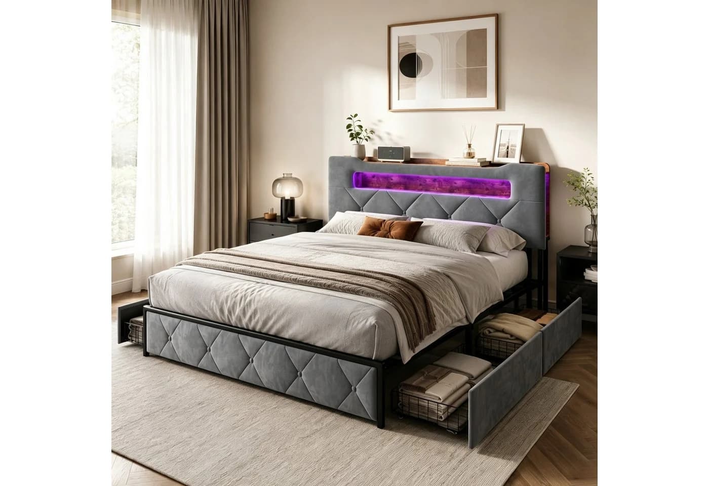 Simurq Polsterbett 140x200cm mit LED, Stauraum und 4 Schubladen