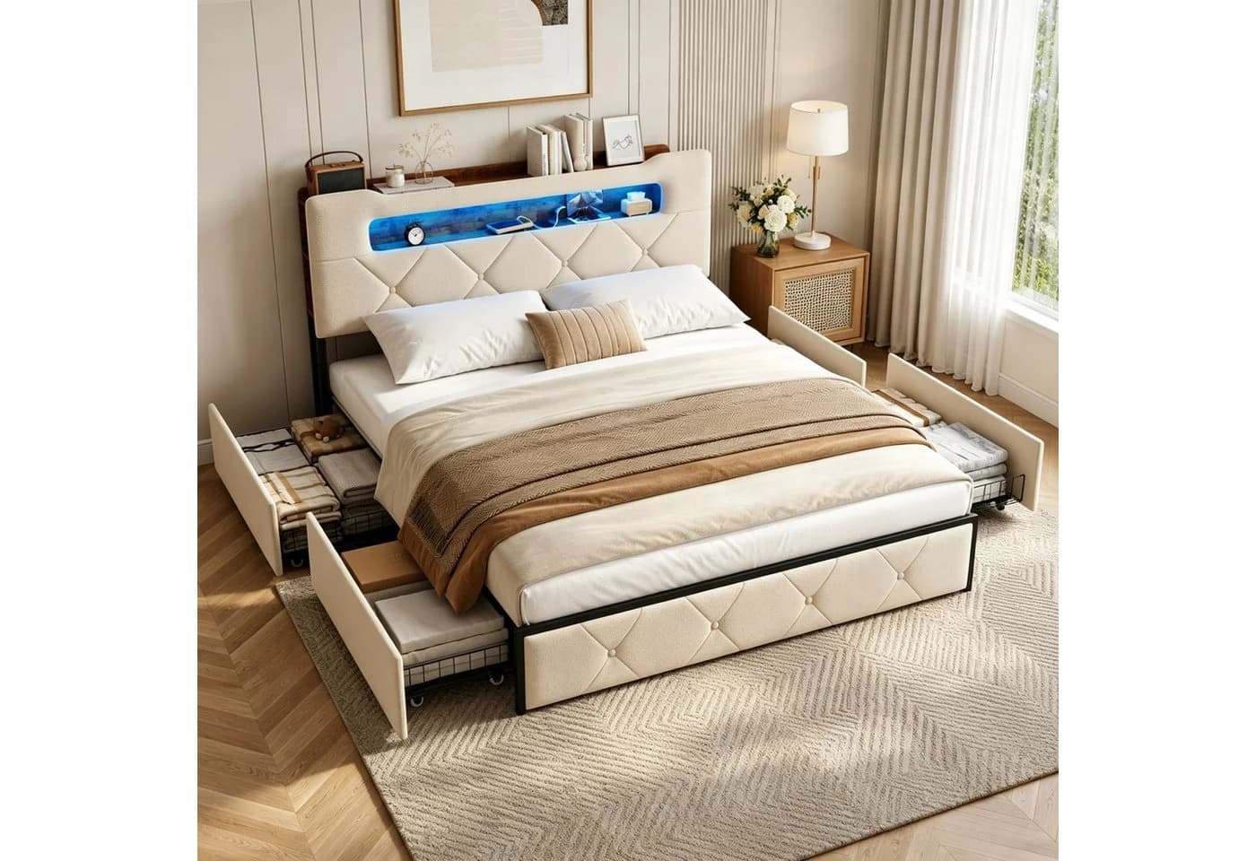 Simurq Polsterbett 140x200cm Stauraumbett mit LED und 4 Schubladen