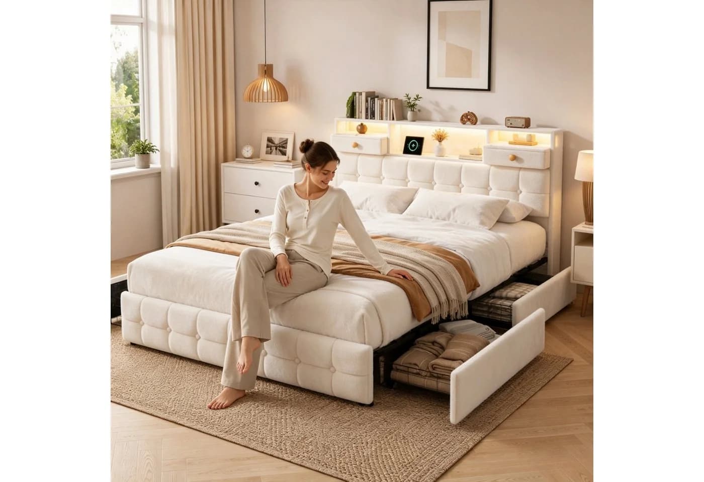Simurq Samt Polsterbett 140x200cm mit LED, Stauraum & Schubladen
