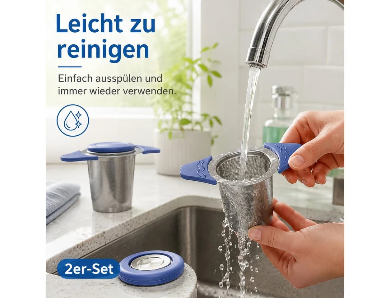 Vornix Teesieb 2er-Set Edelstahl mit Silikongriffen Blau