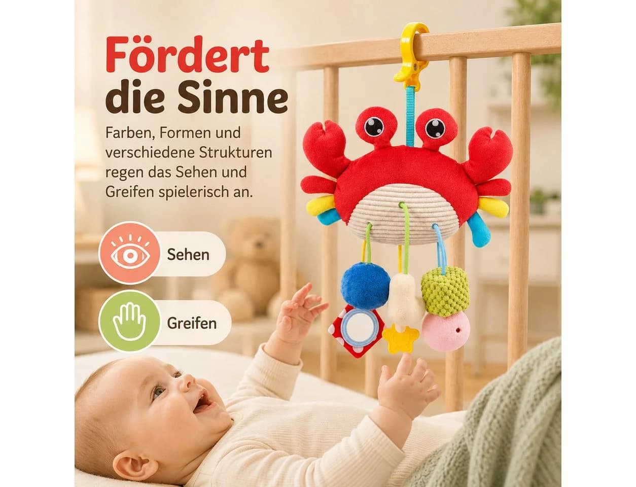 Luckice Mobile Krabben-Babyspielzeug Rot mit Clip, Rassel & Beißring