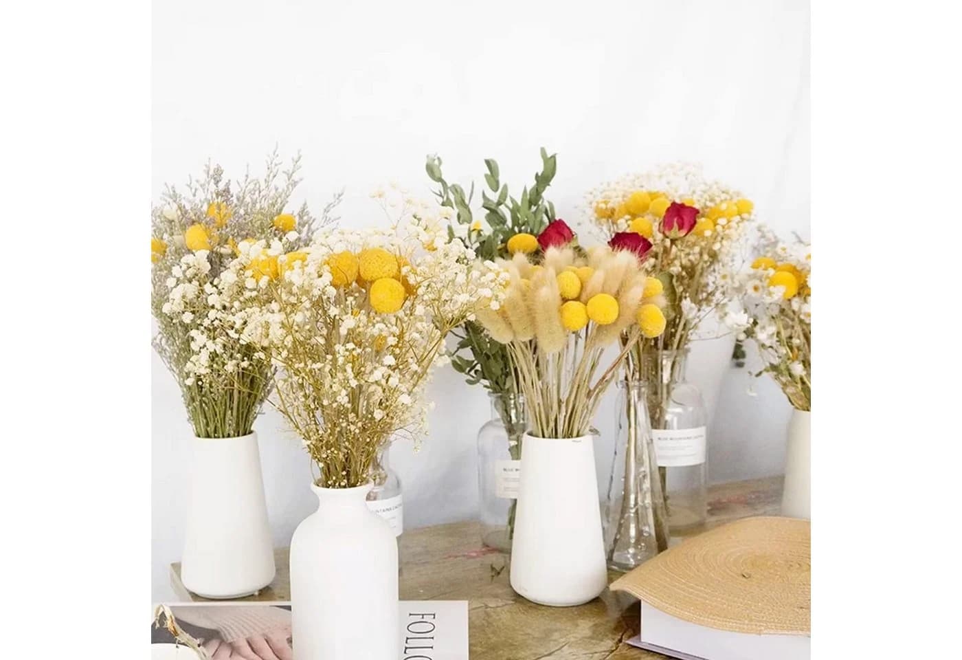 Fyrove Trockenblumen 30 Stück Pampasgras & Craspedia Globosa Gelb