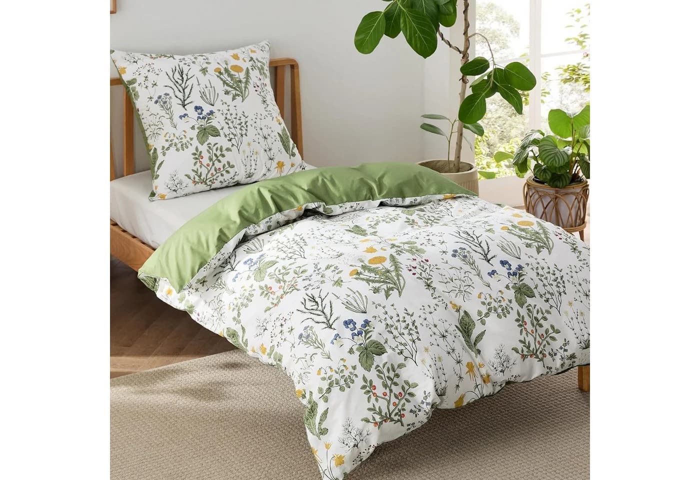 ibettertec Wendebettwäsche Set Salbeigrün Blumen Mikrofaser mit Reißverschluss