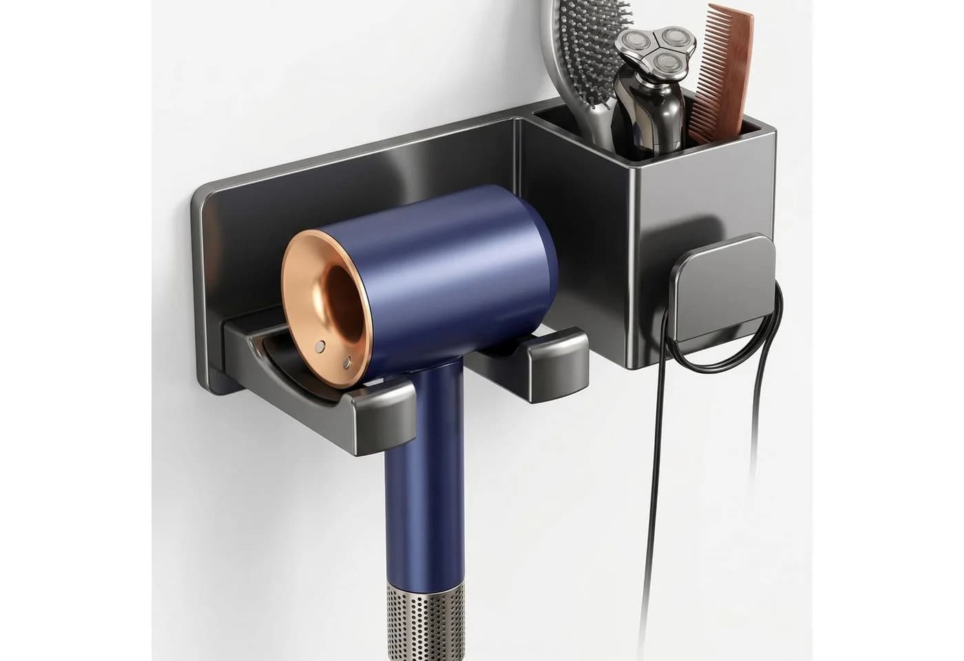 wohnTRAUM24 Haartrocknerhalter Aluminium mit Ablage & Silikoneinlagen
