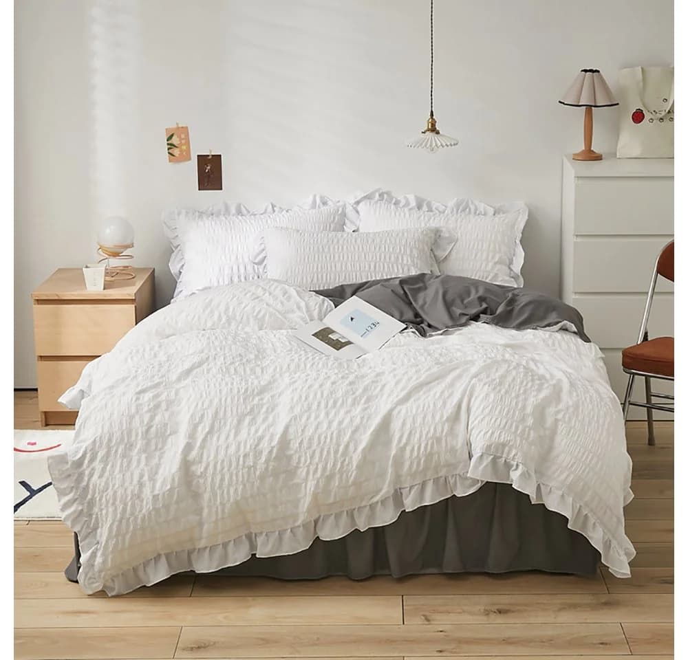ibettertec Seersucker Bettwäsche 135x200 Bettwäsche mit Rüschen Streifen Muster, Seersucker, 3 teilig, weich, leicht, flauschig, für alle Jahreszeiten