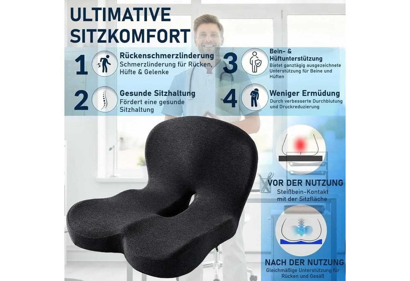 wohnTRAUM24 Orthopädisches Sitzkissen Memory Foam Schwarz
