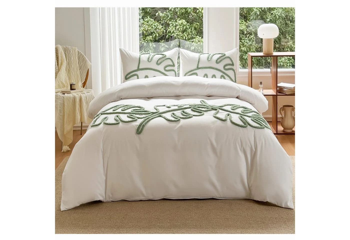 ibettertec Bettwäsche Getuftet Bettwäsche Set 135x200cm, 200x200cm Grüne Blätter Boho Stickerei