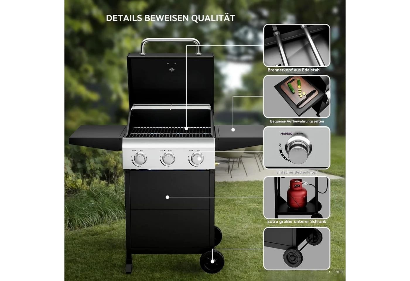 LALAHO Gasgrill Grillwagen 3 Brenner Schwarz mit Unterschrank