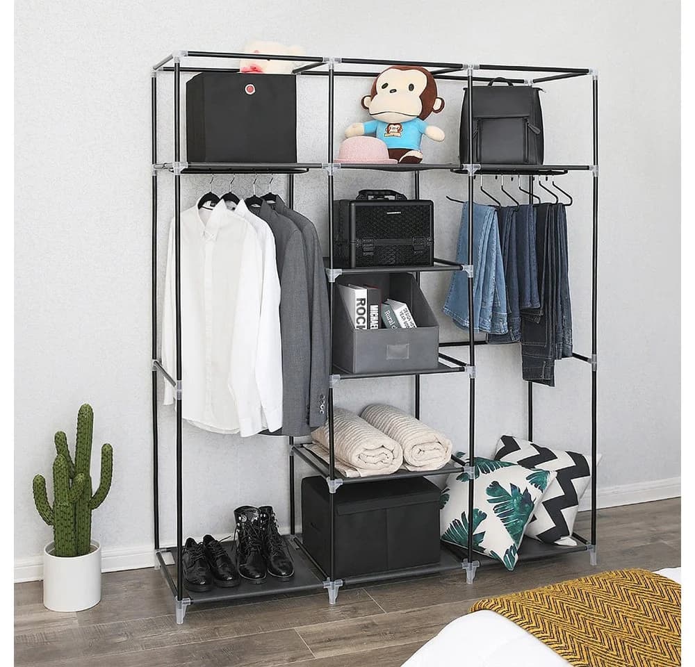 JEOBEST Stoffschrank Kleiderschrank Schwarz mit 2 Kleiderstangen