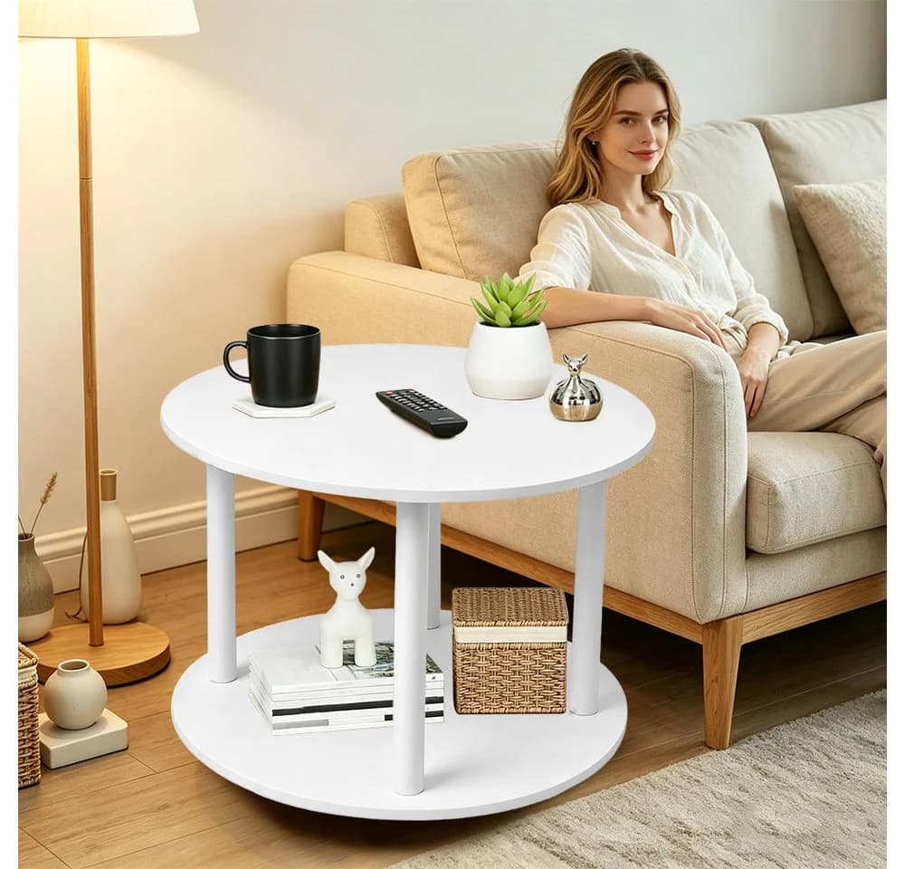 JEOBEST Couchtisch Rund 60cm Weiß Mit Rollen