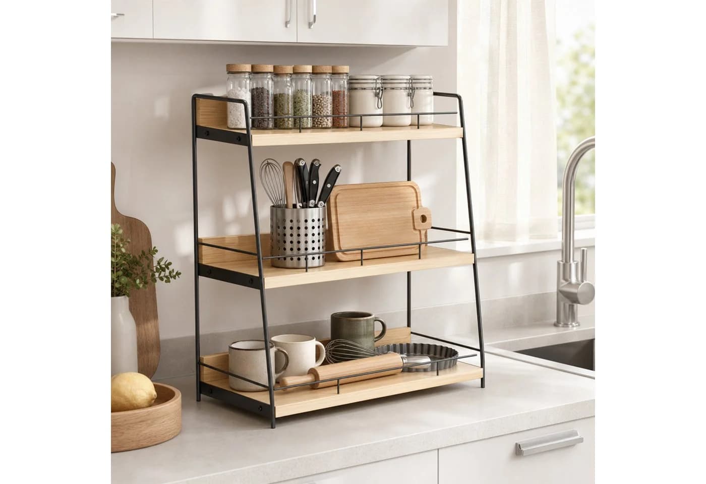 JEOBEST Standregal 3 Ebenen Beige Holzspanplatte Metall Organizer