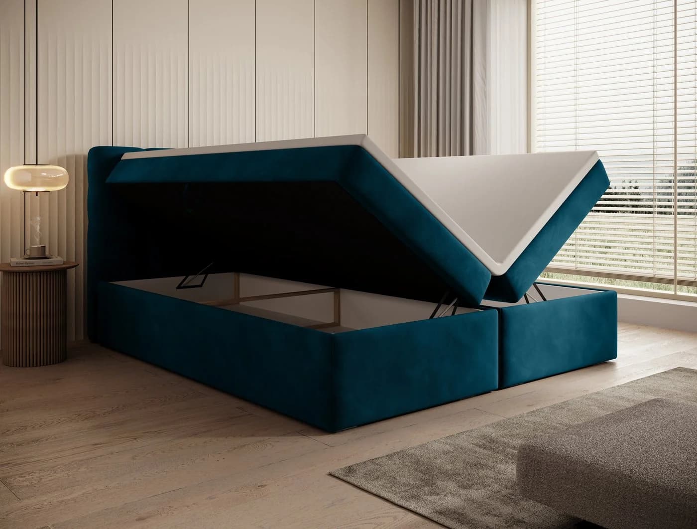 Goldstoff Boxspringbett mit Bettkasten und Topper Blau