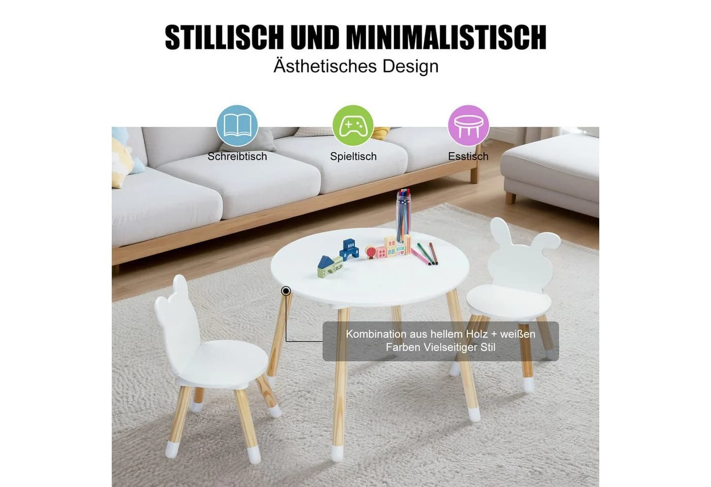 LEADZM Kindertisch mit 2 Stühlen Weiß & Hellholz