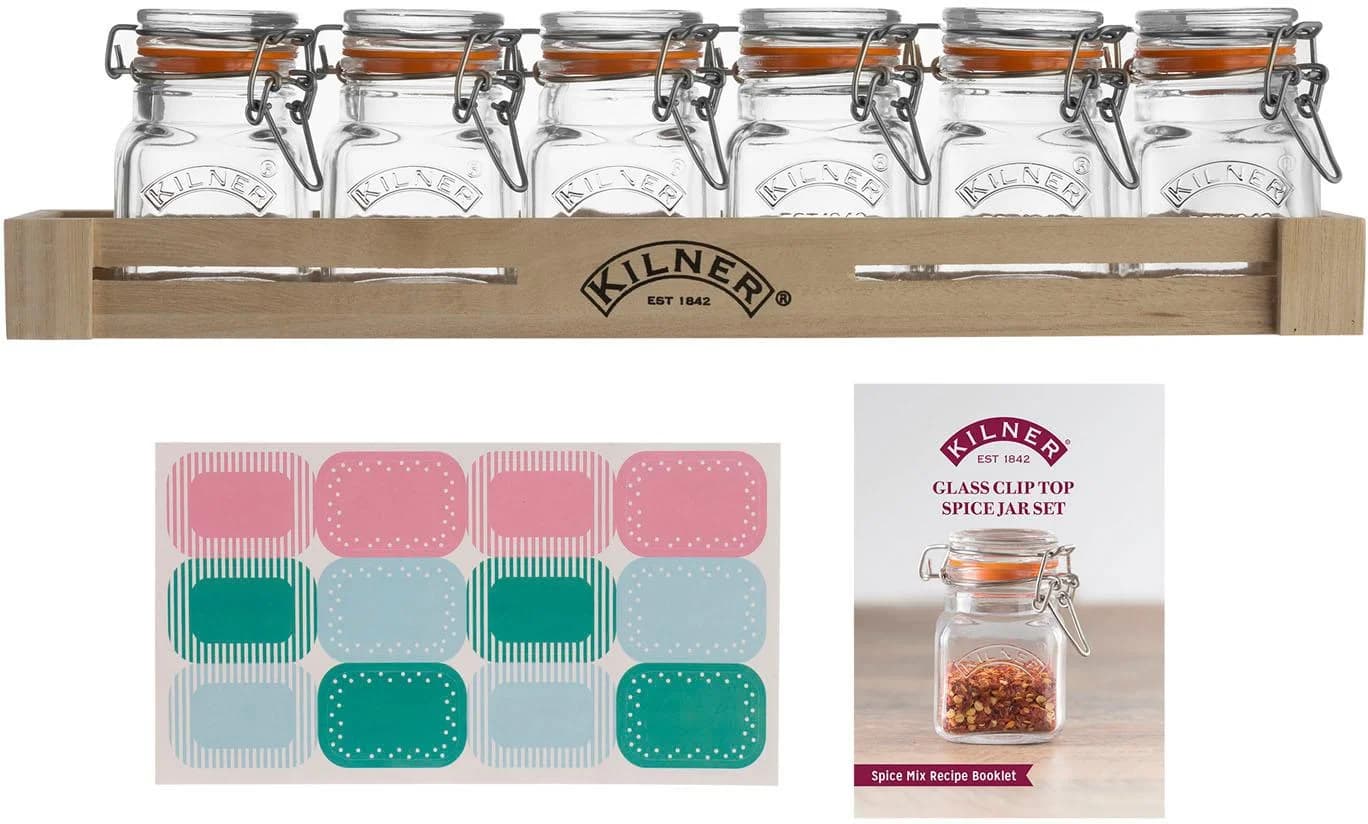 KILNER Gewürzbehälter Glas Set 7-tlg Holzkasten 6x70ml