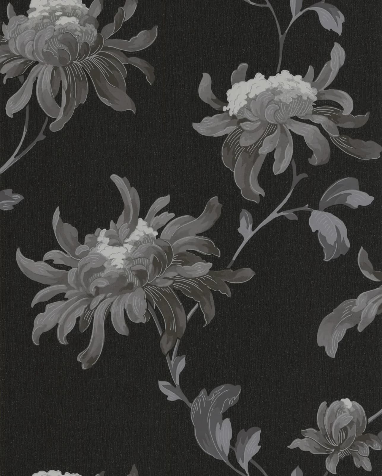 Boutique Vliestapete Blumen Schwarz mit lebhaftem Druck