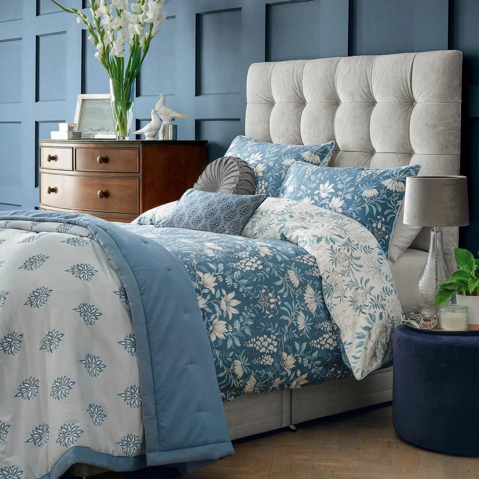 Wendebettwäsche LAURA ASHLEY Parterre Baumwoll-Satin Floral Blau