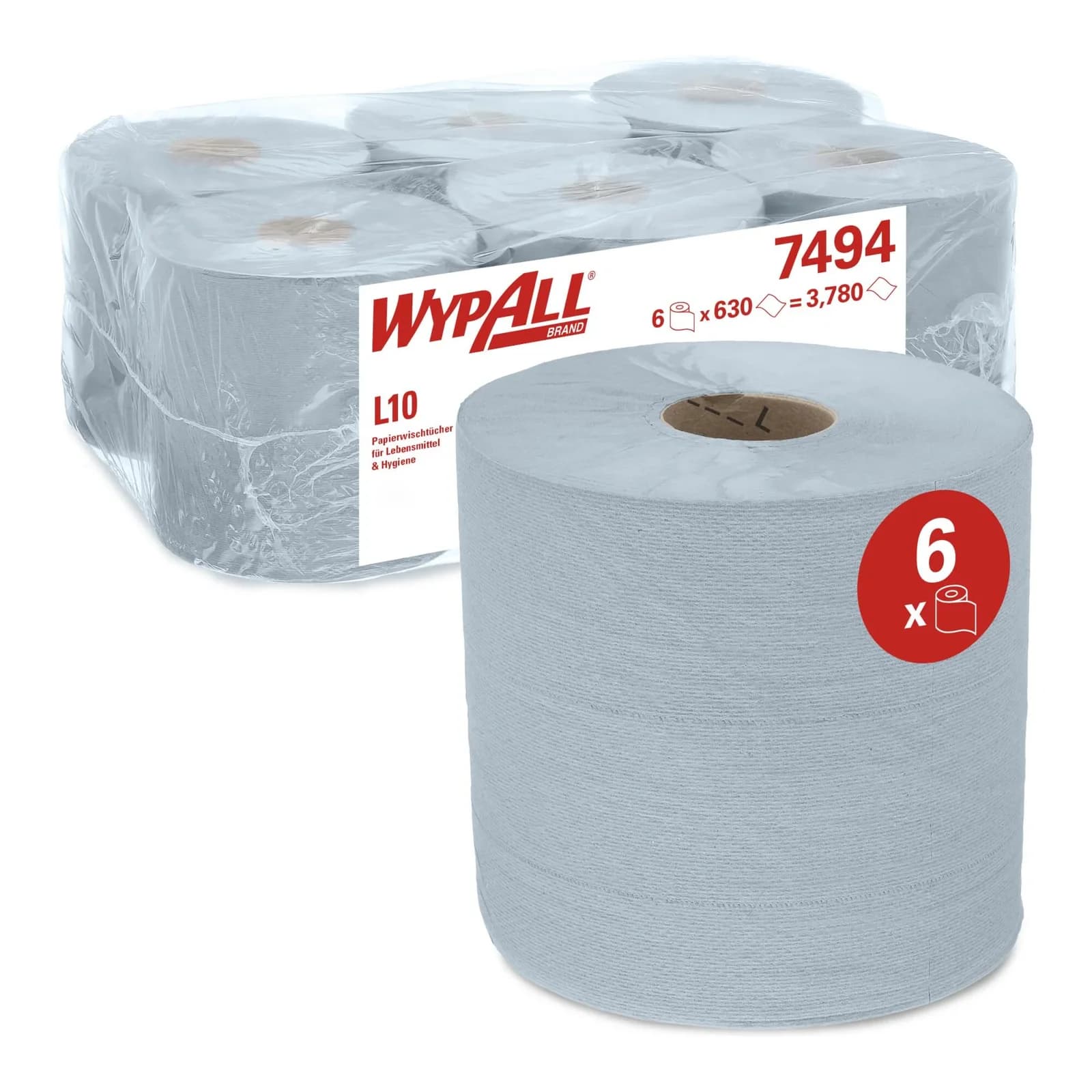 WypAll Papierwischtücher für Lebensmittel & Hygiene, 6 Rollen x 630 Wischtücher, 1-lagig, blau