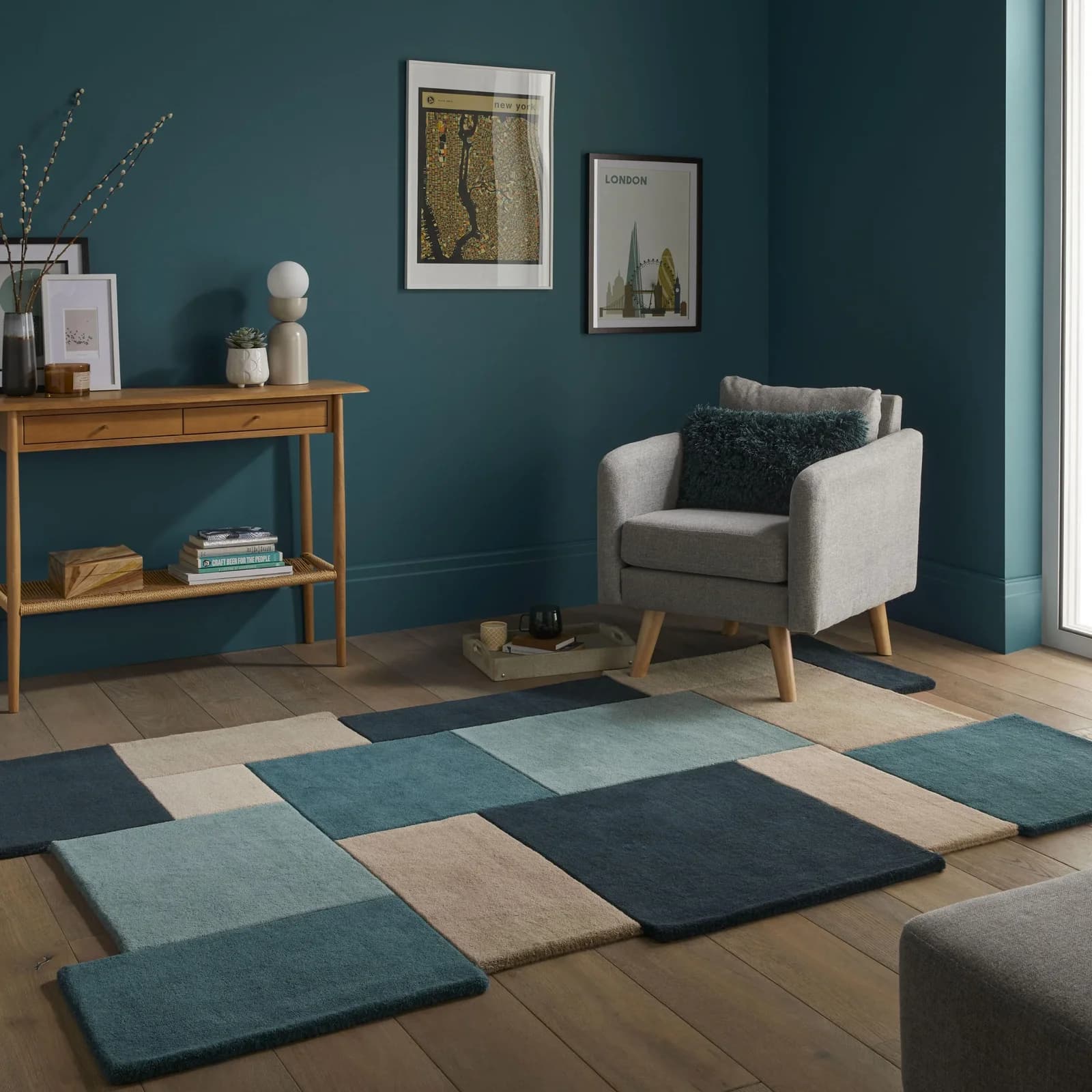 FLAIR RUGS Wollteppich Abstract Collage Blau Handgetuftet