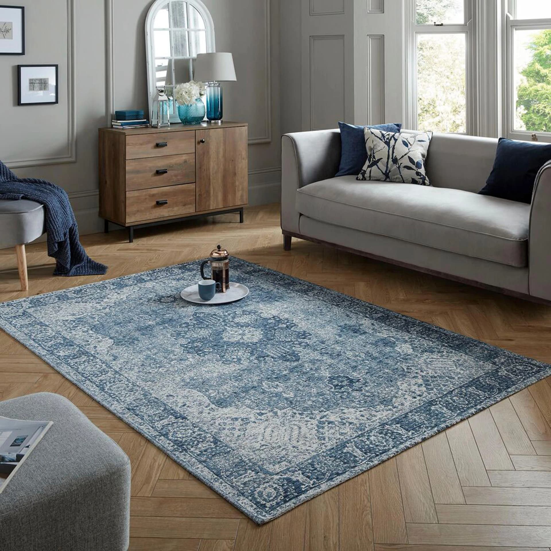 FLAIR RUGS Teppich Antique Vintage-Muster Blau Chenille