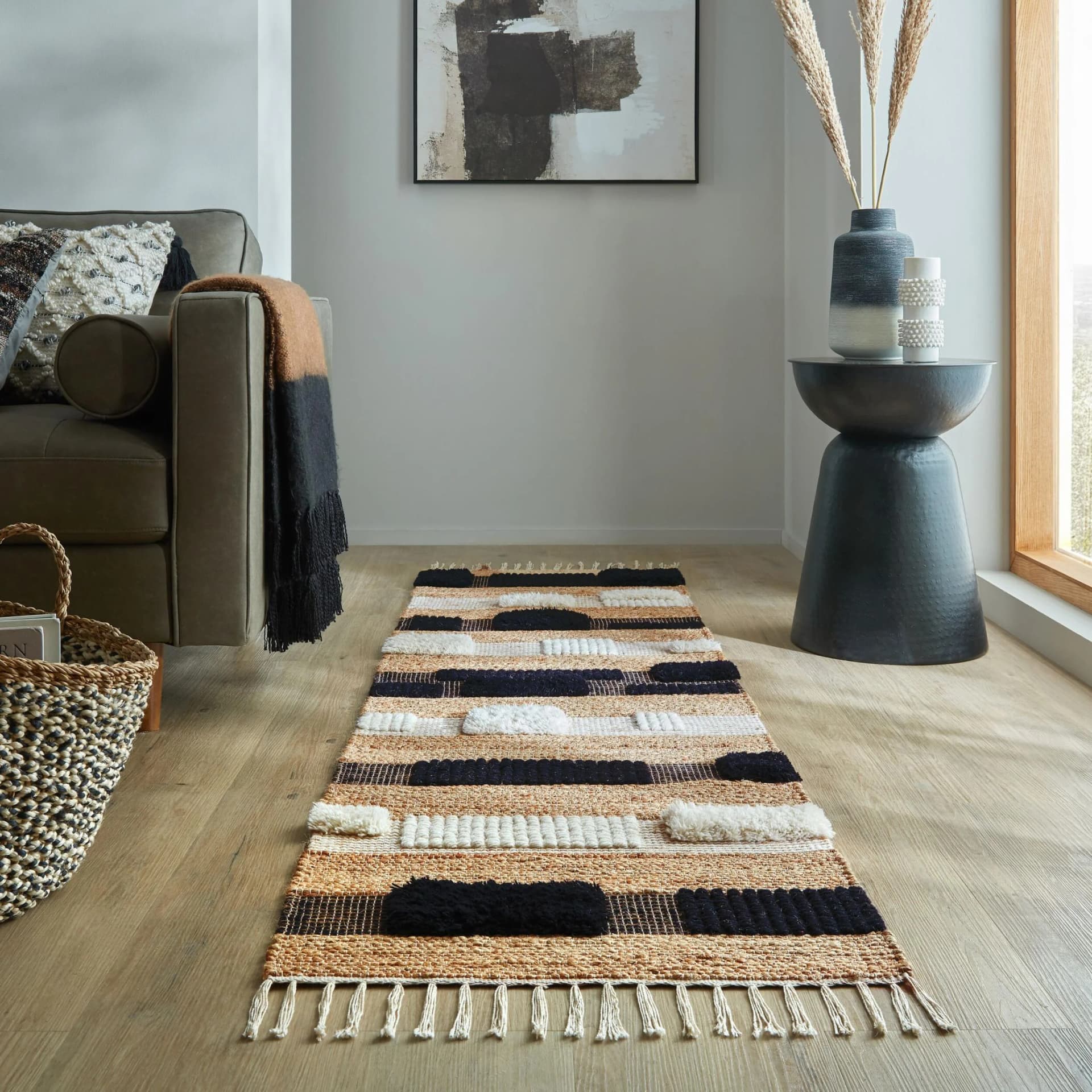 FLAIR RUGS Medina Blocks Teppich Grau Jute Wolle Gemustert