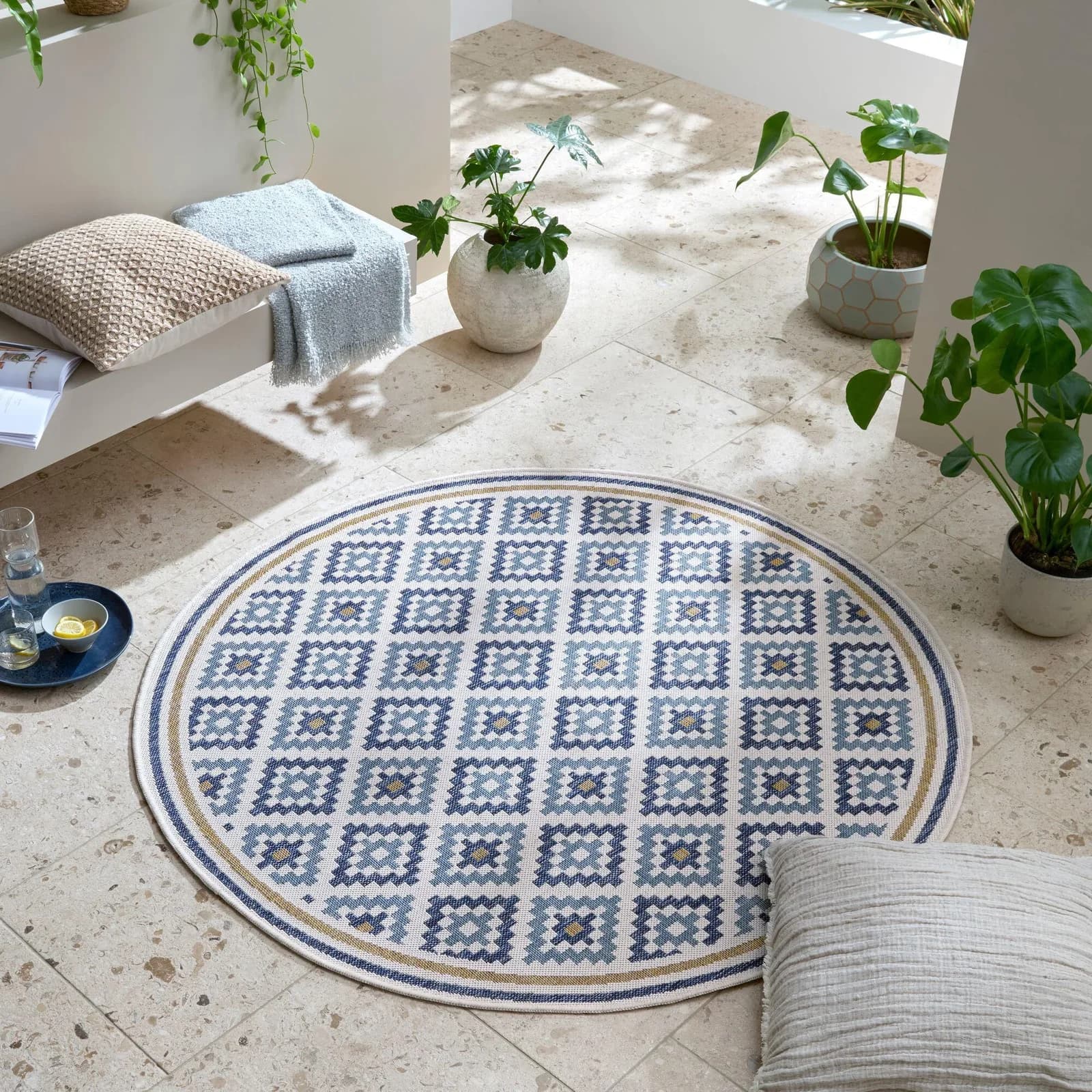 FLAIR RUGS Zia Trellis Outdoor-Teppich Blau Rund